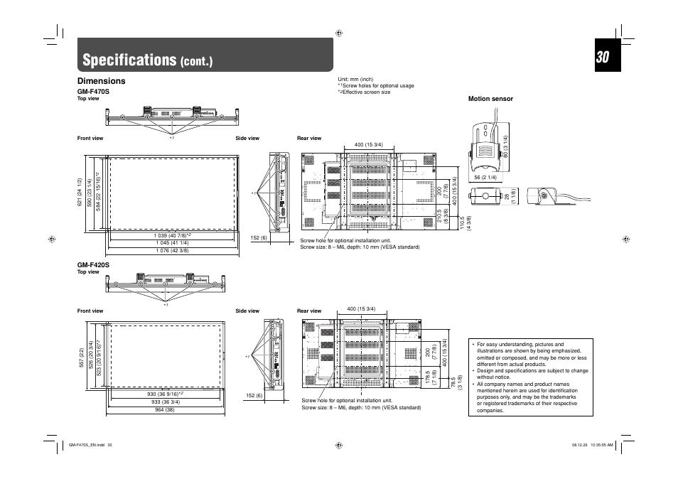 Specifications (cont.), Specifications, Cont.) | Dimensions | JVC LCT2505-001A-H User Manual | Page 30 / 32