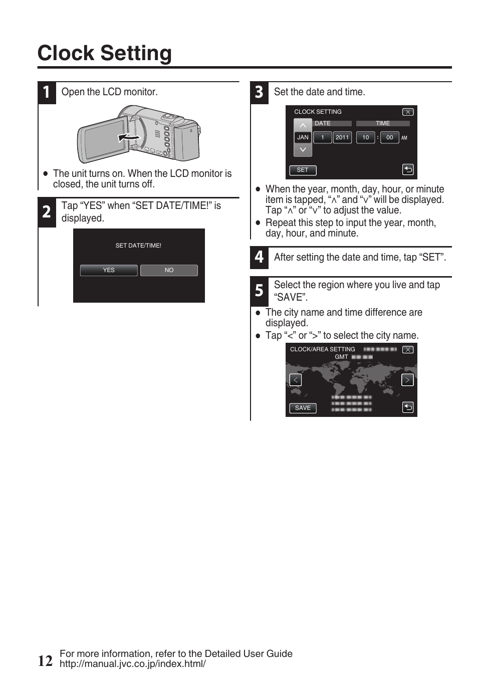 Clock setting | JVC EVERIO GZ-HM670U User Manual | Page 12 / 64