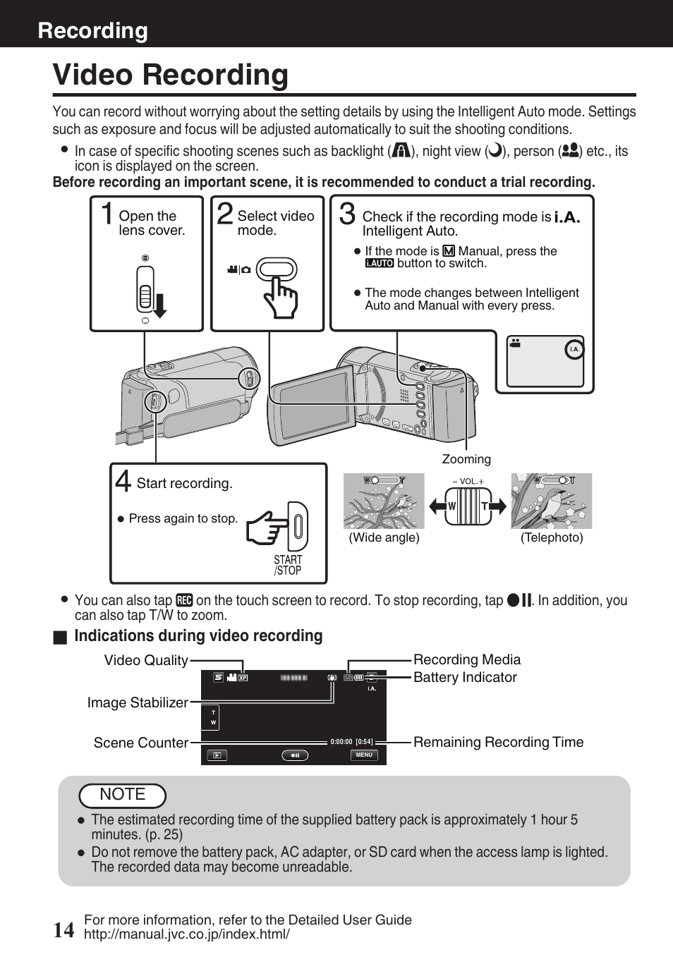 Recording, Video recording, I.auto (intelligent auto) button (p. 14) | Zoom/volume lever (p. 14, 16), Button (p. 14), Lens cover switch (p. 14), Recording start/stop button (p. 14, Recording 14 | JVC EVERIO GZ-HM670U User Manual | Page 14 / 64