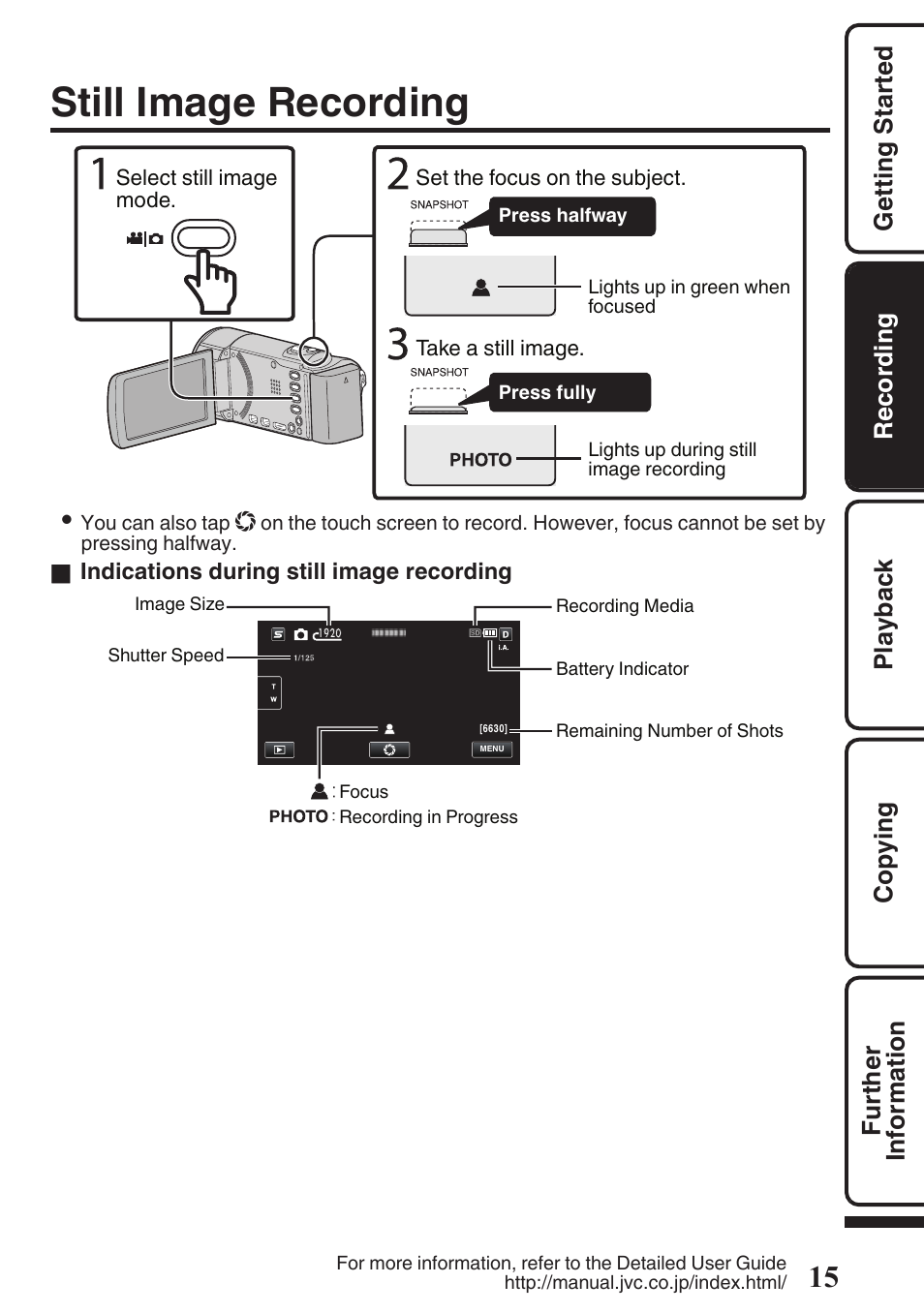 Still image recording, Button (p. 15) | JVC EVERIO GZ-HM670U User Manual | Page 15 / 64