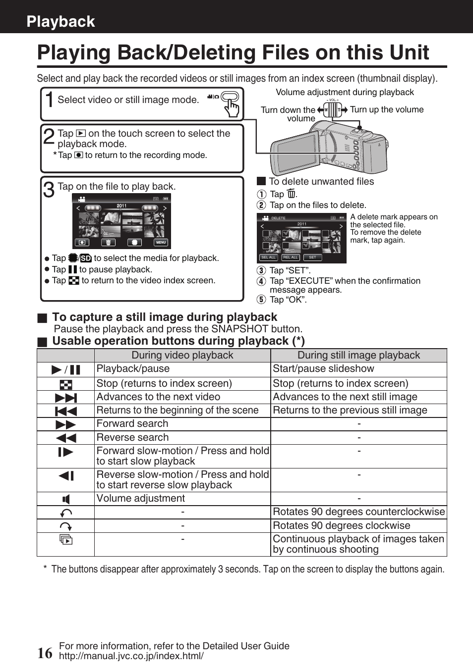 Playback, Playing back/deleting files on this unit, P. 16) | Operation buttons (p. 16, Playback 16 | JVC EVERIO GZ-HM670U User Manual | Page 16 / 64