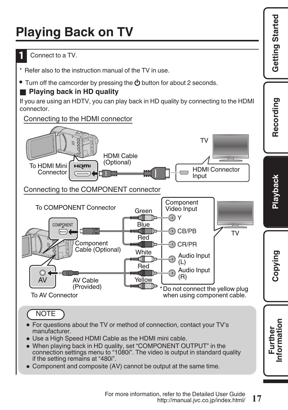 Playing back on tv, Hdmi mini connector (p. 17), P. 17) | JVC EVERIO GZ-HM670U User Manual | Page 17 / 64