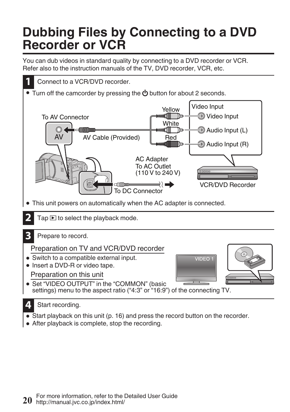 Dubbing files by connecting to a dvd, Recorder or vcr | JVC EVERIO GZ-HM670U User Manual | Page 20 / 64