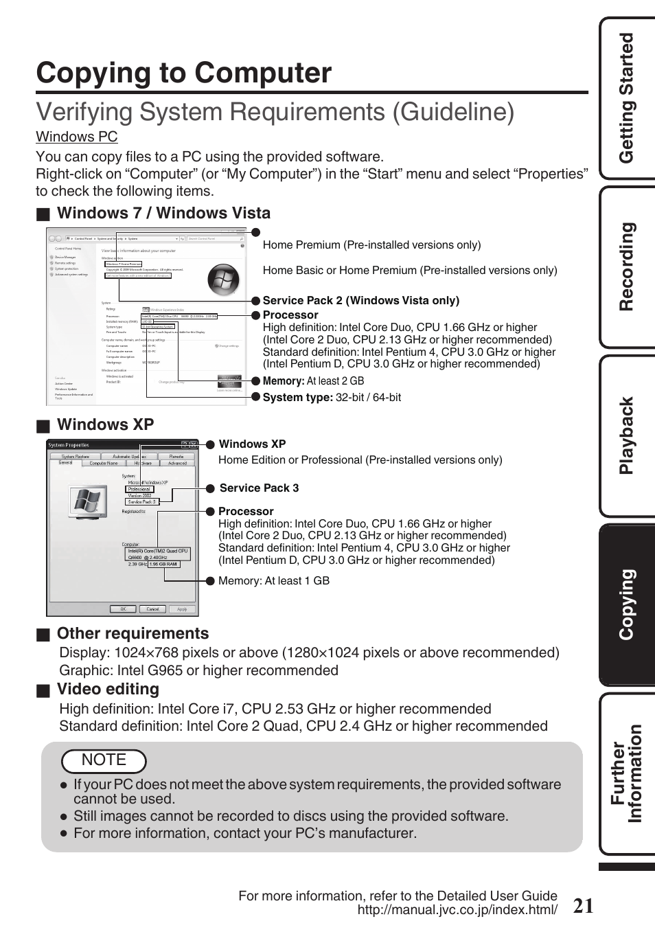 Copying to computer, Verifying system requirements (guideline) | JVC EVERIO GZ-HM670U User Manual | Page 21 / 64