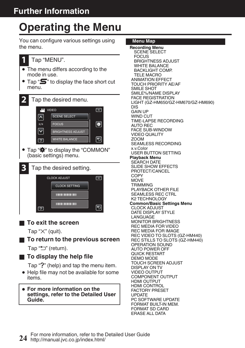 Further information, Operating the menu, P. 24) | Further information 24 | JVC EVERIO GZ-HM670U User Manual | Page 24 / 64