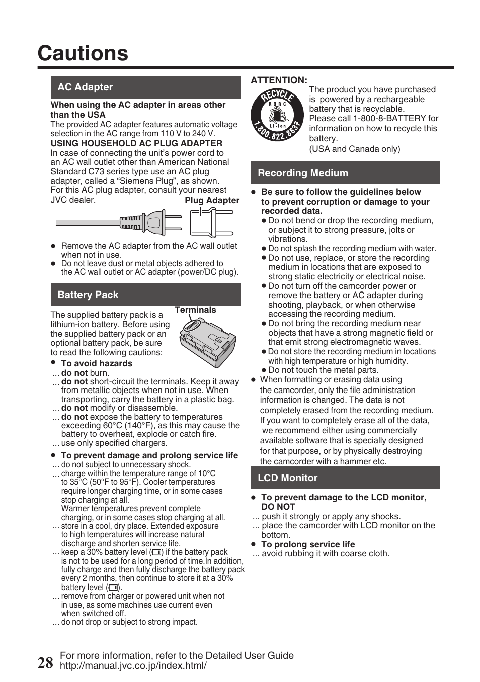 Cautions | JVC EVERIO GZ-HM670U User Manual | Page 28 / 64