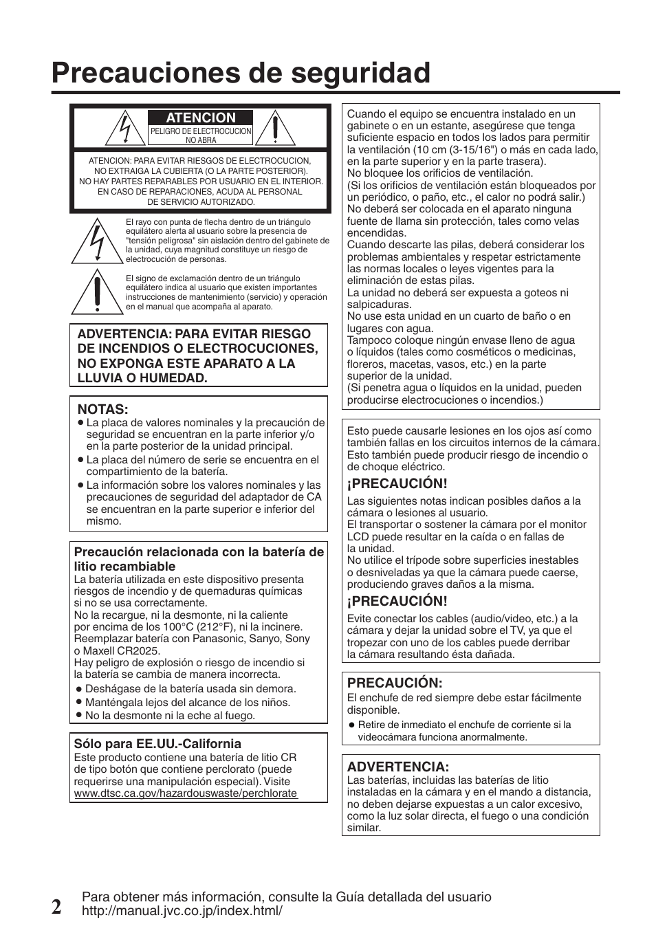 Precauciones de seguridad | JVC EVERIO GZ-HM670U User Manual | Page 34 / 64