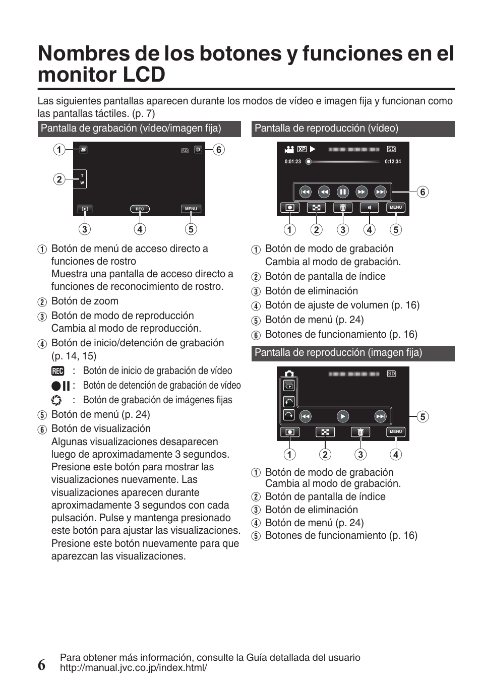 Nombres de los botones y funciones en el, Monitor lcd | JVC EVERIO GZ-HM670U User Manual | Page 38 / 64