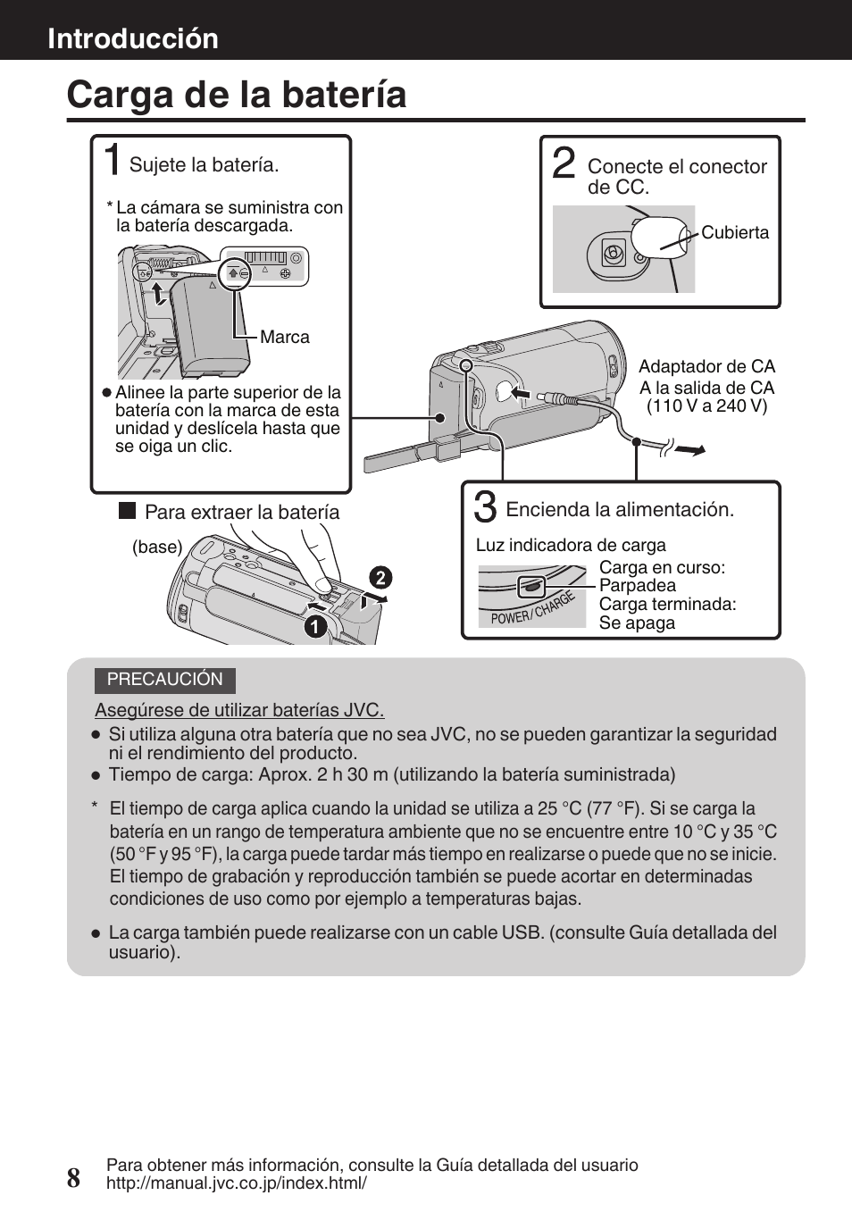 Introducción, Carga de la batería, Carga) (p. 8) | Conector de cc (p. 8), P. 8), Introducción 8 | JVC EVERIO GZ-HM670U User Manual | Page 40 / 64