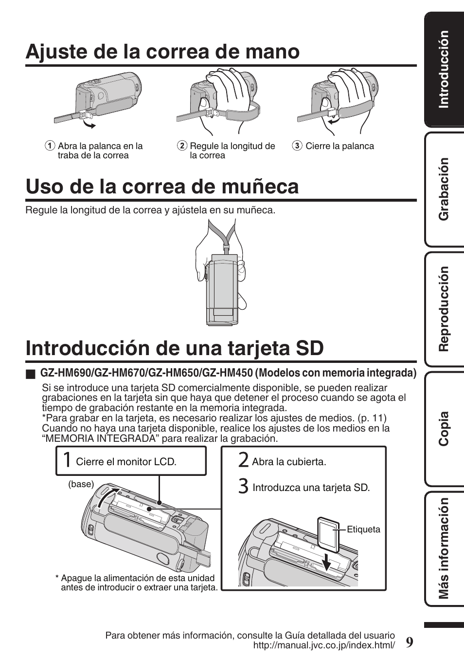 Ajuste de la correa de mano, Uso de la correa de muñeca, Introducción de una tarjeta sd | Correa de mano (p. 9), Traba de correa (p. 9), P. 9) | JVC EVERIO GZ-HM670U User Manual | Page 41 / 64