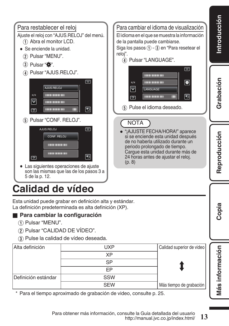 Calidad de vídeo, Para restablecer el reloj, Para cambiar el idioma de visualización | JVC EVERIO GZ-HM670U User Manual | Page 45 / 64