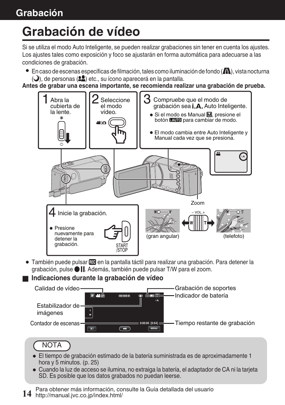 Grabación, Grabación de vídeo, P. 14 | Vídeo) (p. 14), P. 14), Grabación 14 | JVC EVERIO GZ-HM670U User Manual | Page 46 / 64