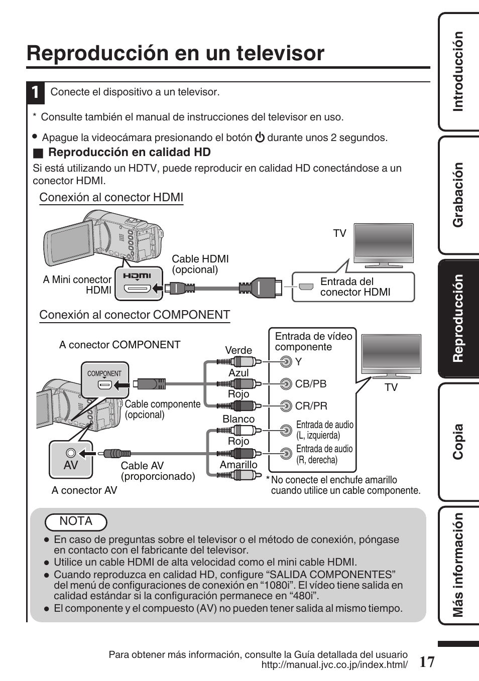 Reproducción en un televisor, Mini conector hdmi (p. 17), P. 17) | JVC EVERIO GZ-HM670U User Manual | Page 49 / 64