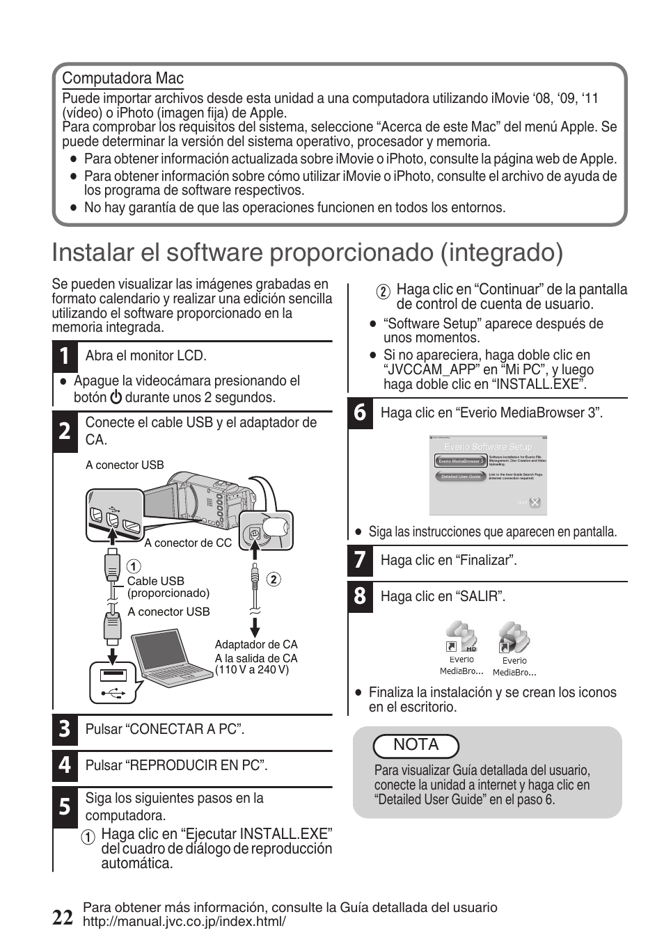 Instalar el software proporcionado (integrado), P. 22) | JVC EVERIO GZ-HM670U User Manual | Page 54 / 64