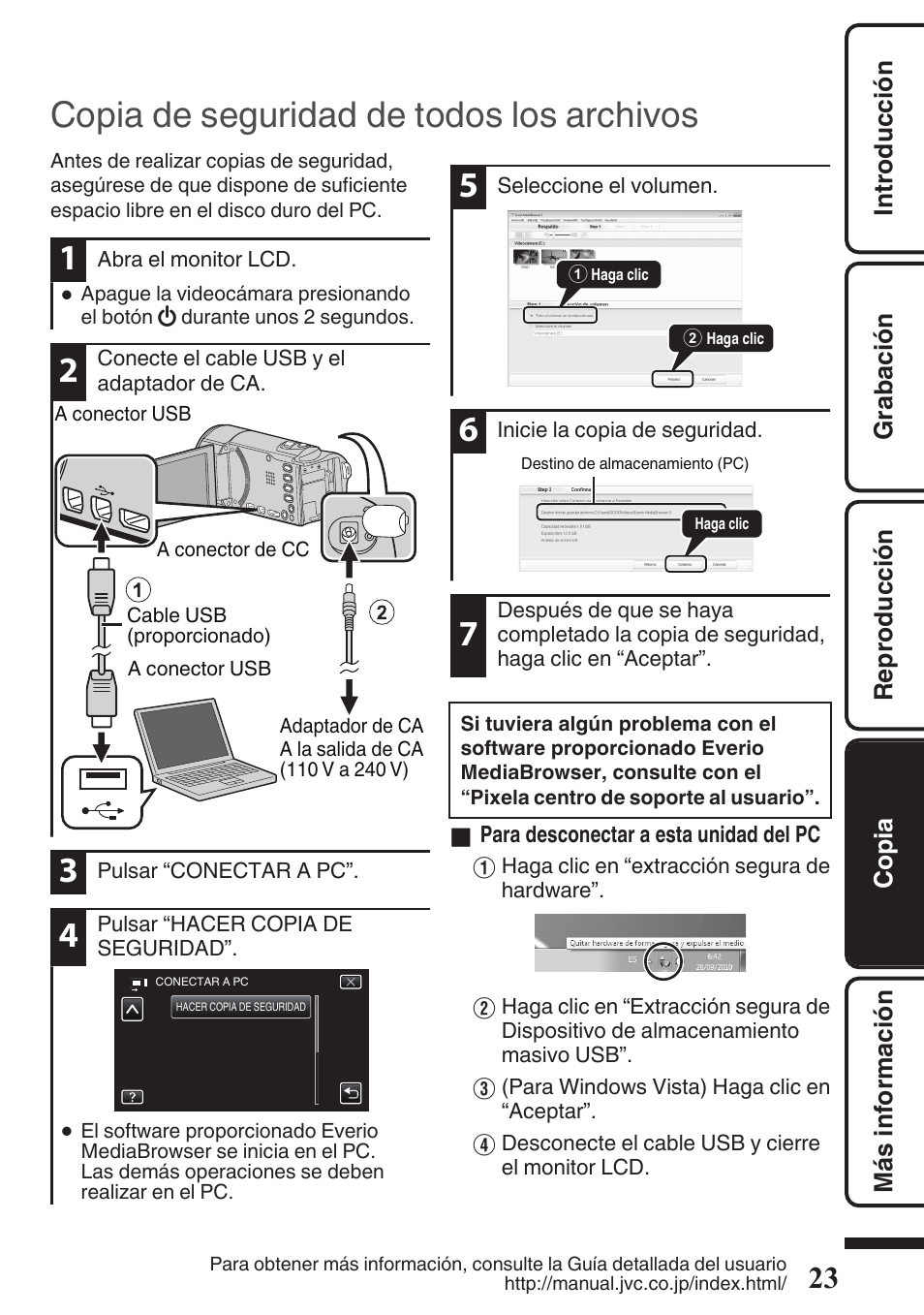 Copia de seguridad de todos los archivos, Conector usb (p. 23) | JVC EVERIO GZ-HM670U User Manual | Page 55 / 64