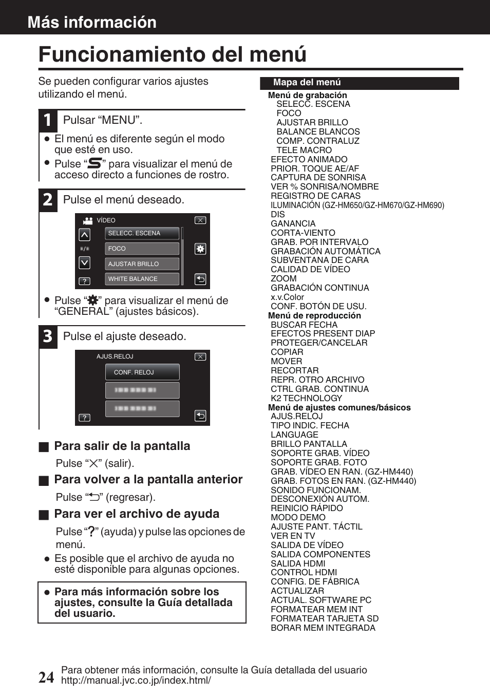 Más información, Funcionamiento del menú, Botón de menú (p. 24 | Más información 24, Para salir de la pantalla, Para volver a la pantalla anterior, Para ver el archivo de ayuda | JVC EVERIO GZ-HM670U User Manual | Page 56 / 64