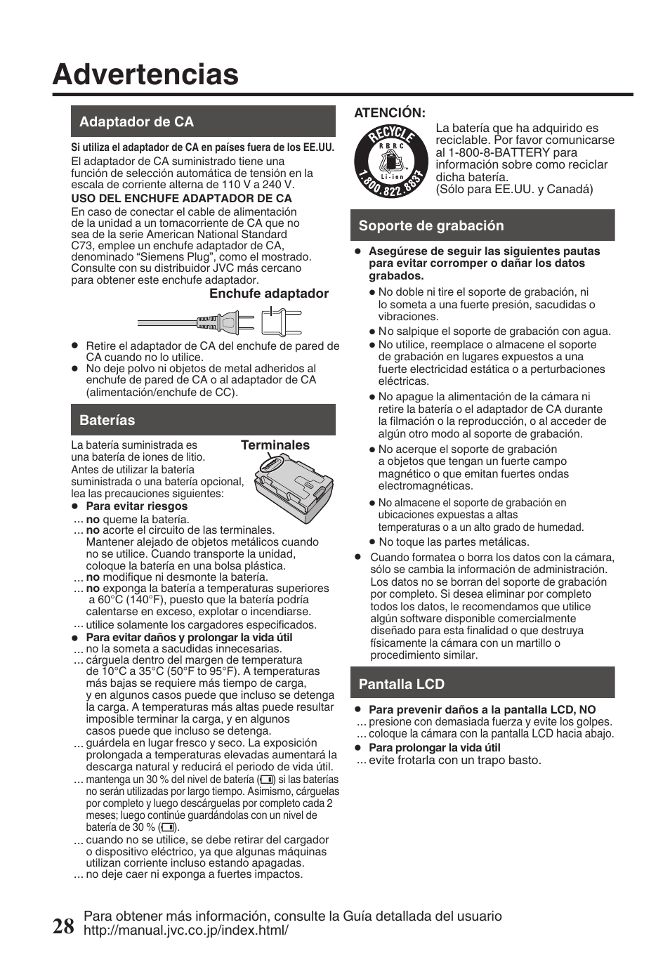 Advertencias | JVC EVERIO GZ-HM670U User Manual | Page 60 / 64