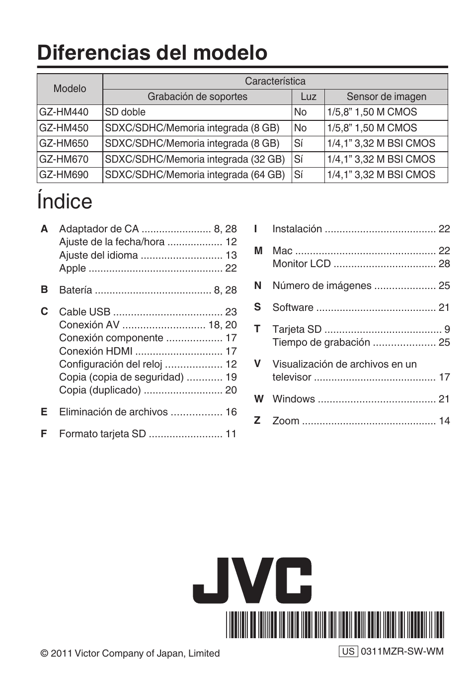 Diferencias del modelo, Índice | JVC EVERIO GZ-HM670U User Manual | Page 64 / 64