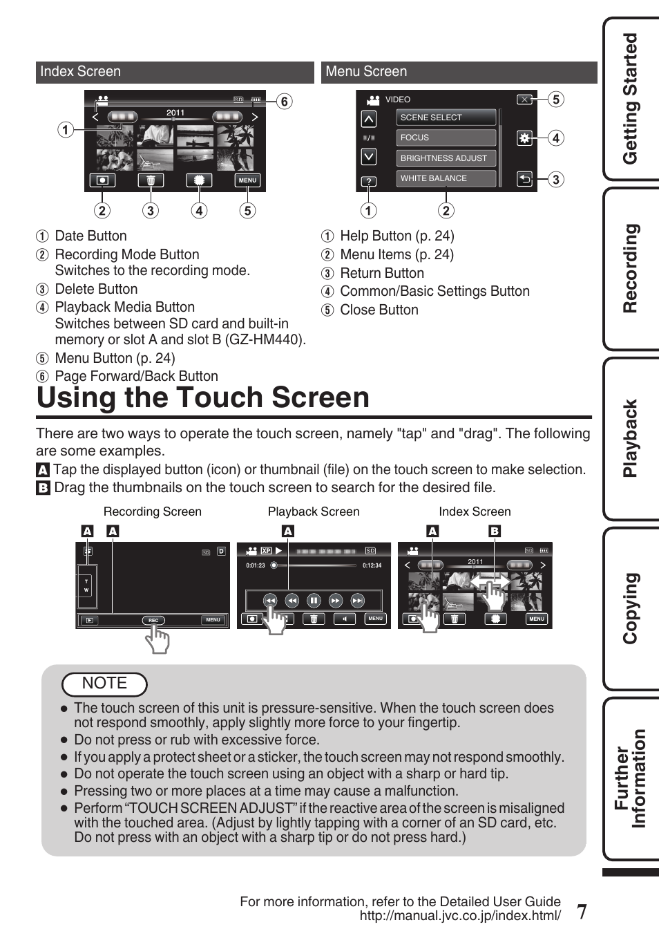 Using the touch screen, Touch screens. (p. 7 | JVC EVERIO GZ-HM670U User Manual | Page 7 / 64