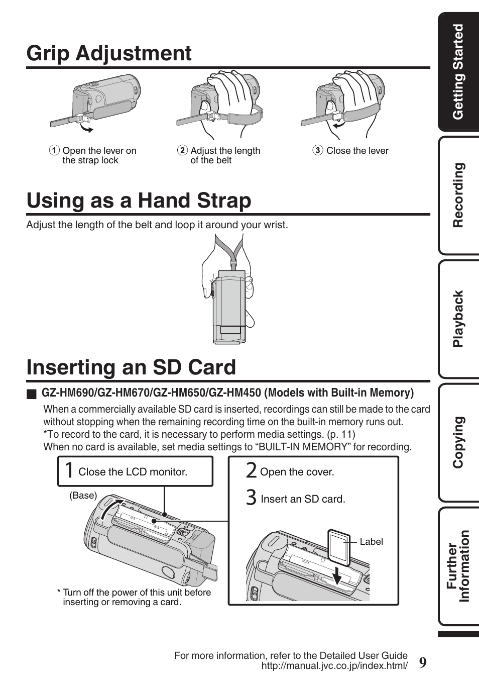 Grip adjustment, Using as a hand strap, Inserting an sd card | Grip belt (p. 9), Strap lock (p. 9), Sd card slot (p. 9) | JVC EVERIO GZ-HM670U User Manual | Page 9 / 64