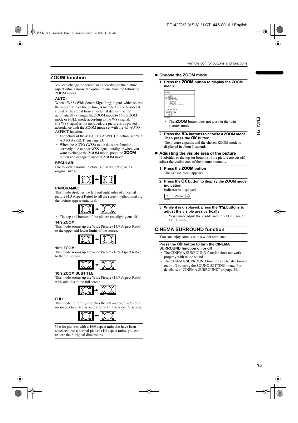 Zoom function, Cinema surround function | JVC LCT1445-001A User Manual | Page 17 / 44