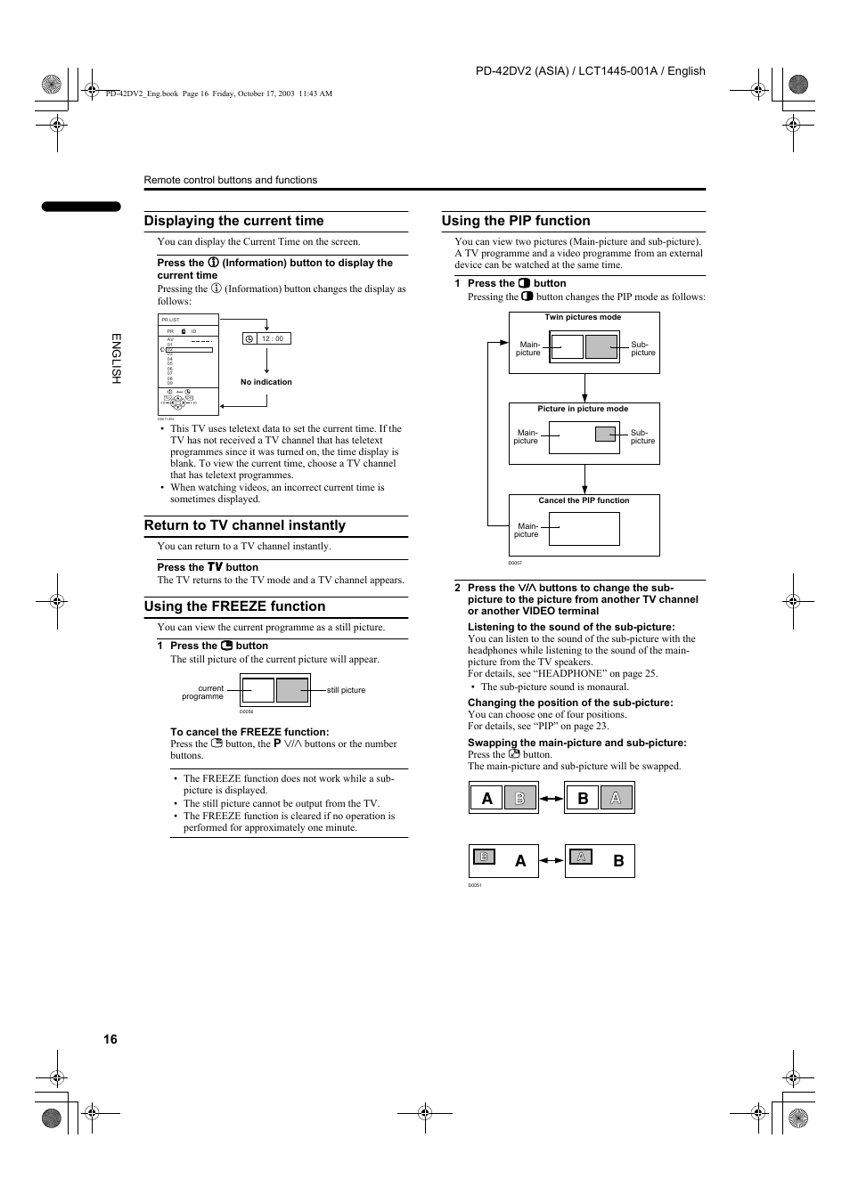 Displaying the current time, Return to tv channel instantly, Using the freeze function | Using the pip function | JVC LCT1445-001A User Manual | Page 18 / 44