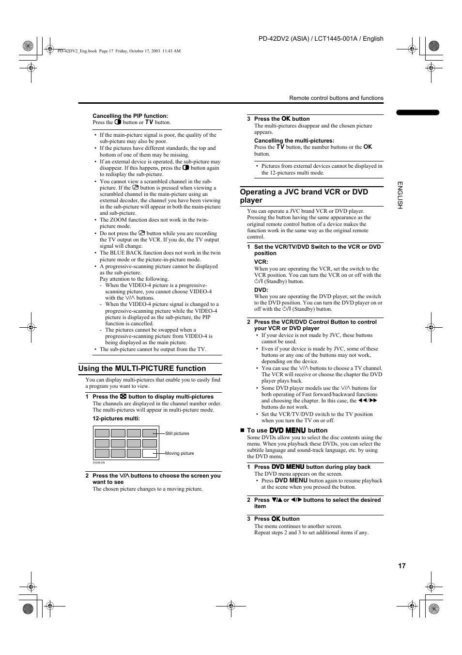 Using the multi-picture function, Operating a jvc brand vcr or dvd player | JVC LCT1445-001A User Manual | Page 19 / 44