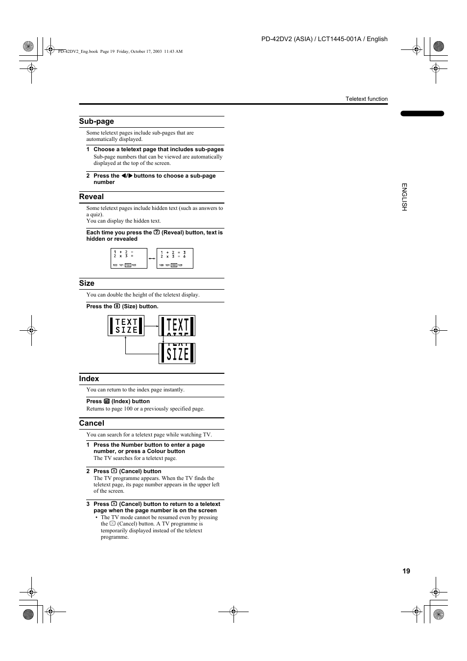Sub-page, Reveal, Size | Index, Cancel | JVC LCT1445-001A User Manual | Page 21 / 44