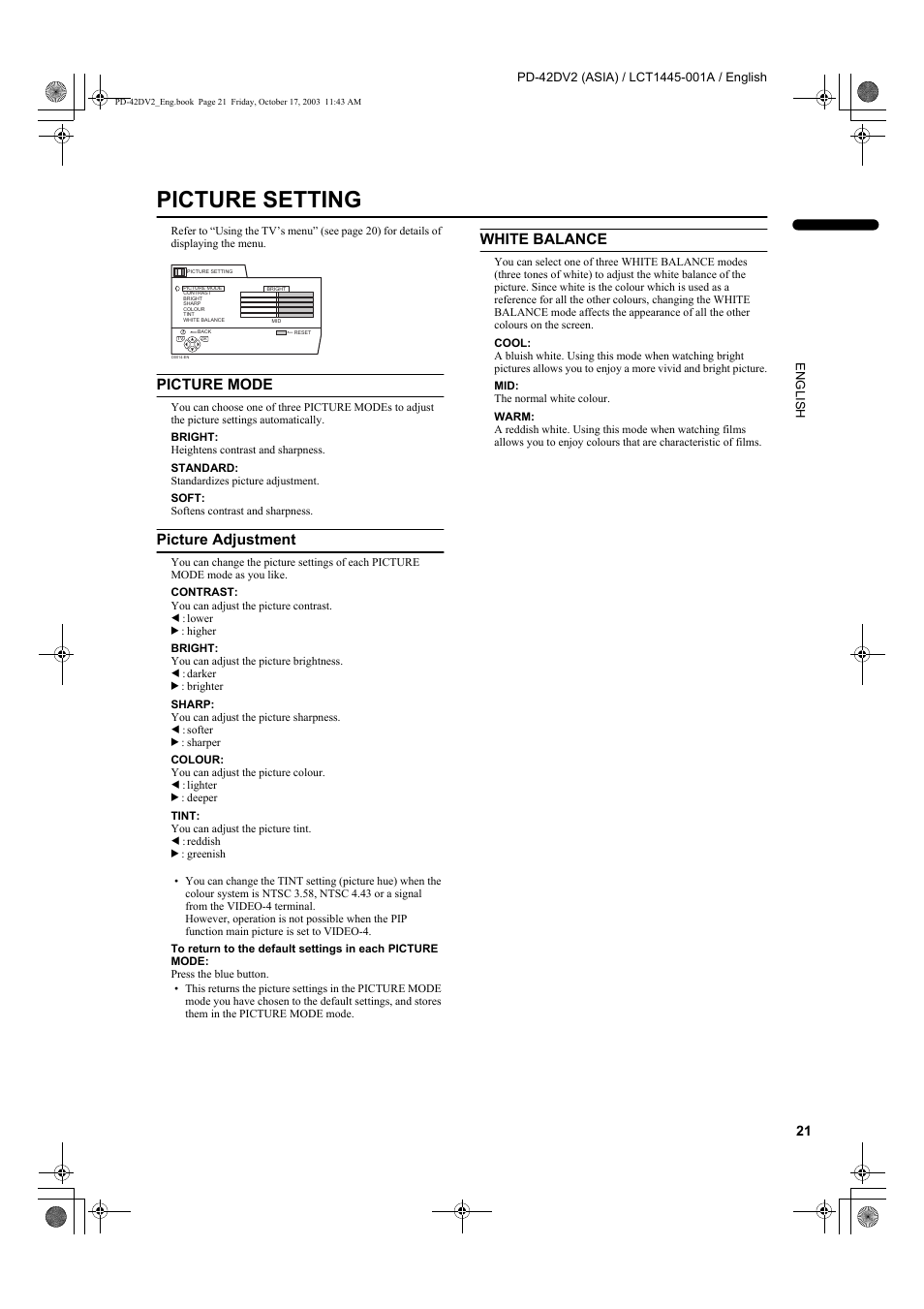 Picture setting, Picture mode, Picture adjustment | White balance | JVC LCT1445-001A User Manual | Page 23 / 44