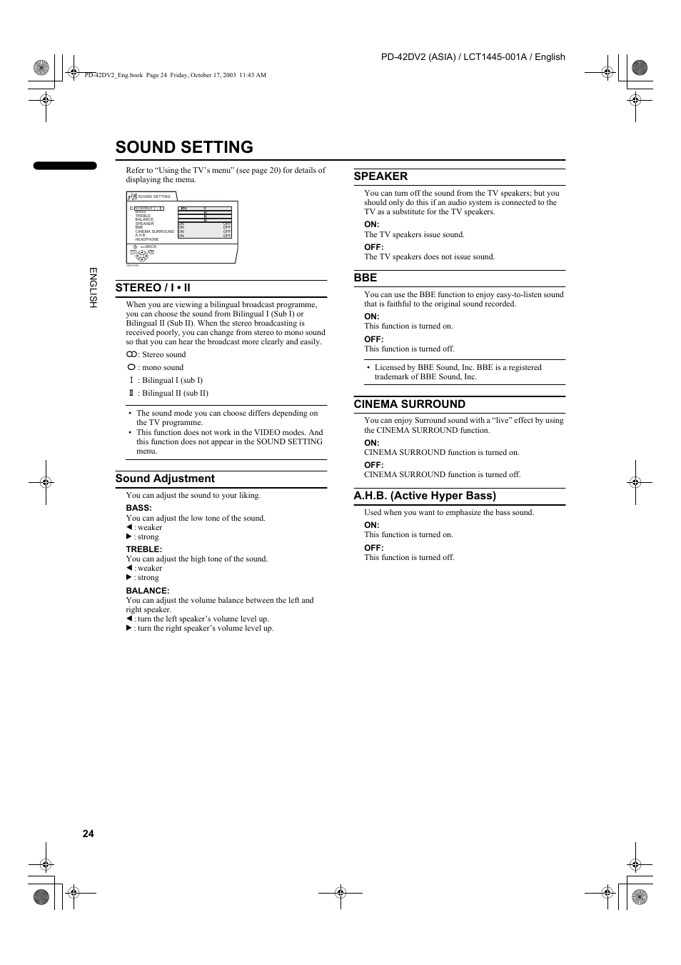 Sound setting, Stereo / i • ii, Sound adjustment | Speaker, Cinema surround, A.h.b. (active hyper bass) | JVC LCT1445-001A User Manual | Page 26 / 44