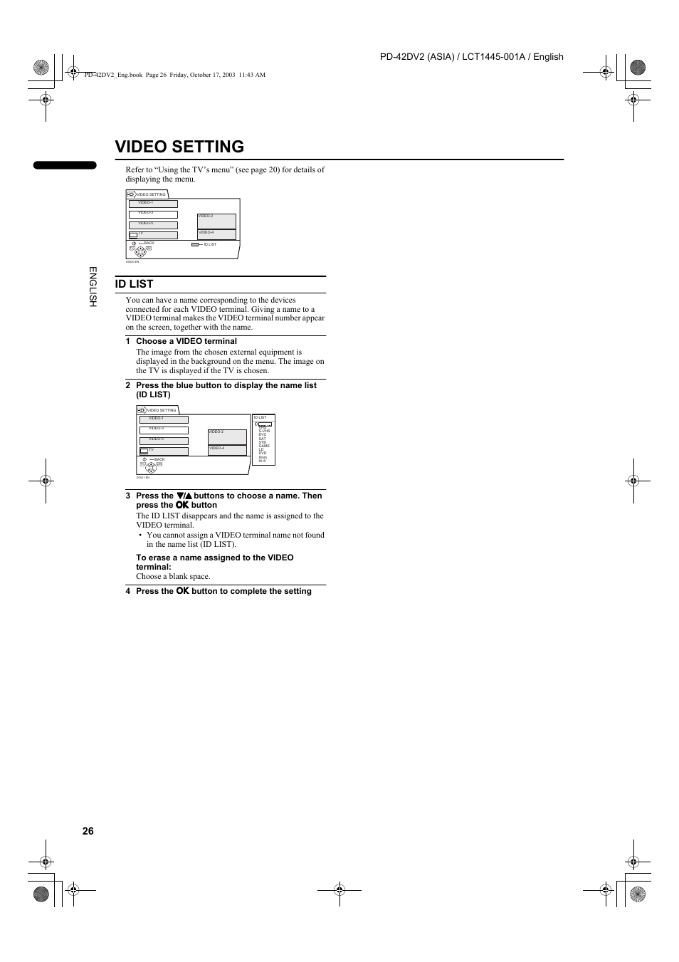 Video setting, Id list | JVC LCT1445-001A User Manual | Page 28 / 44