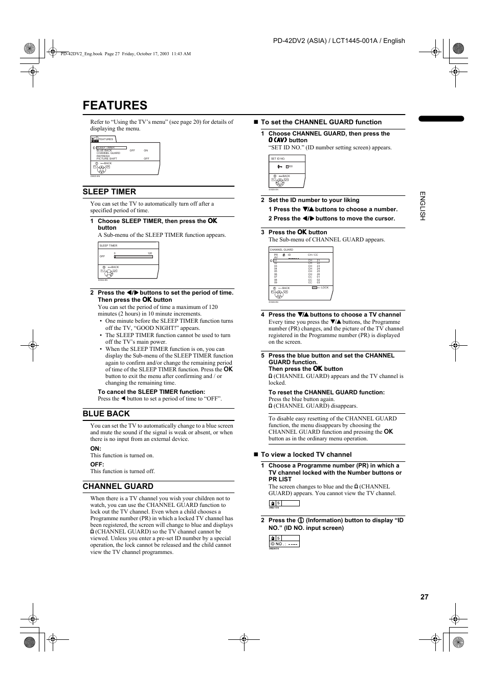 Features, Sleep timer, Blue back | Channel guard | JVC LCT1445-001A User Manual | Page 29 / 44