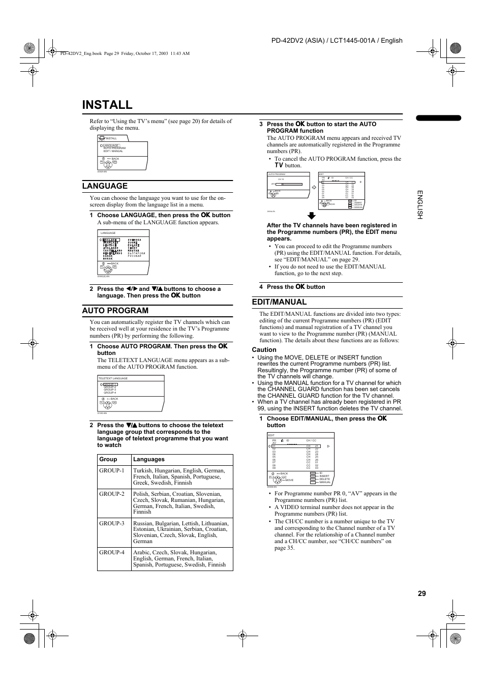 Install, Language, Auto program | Edit/manual, Caution | JVC LCT1445-001A User Manual | Page 31 / 44