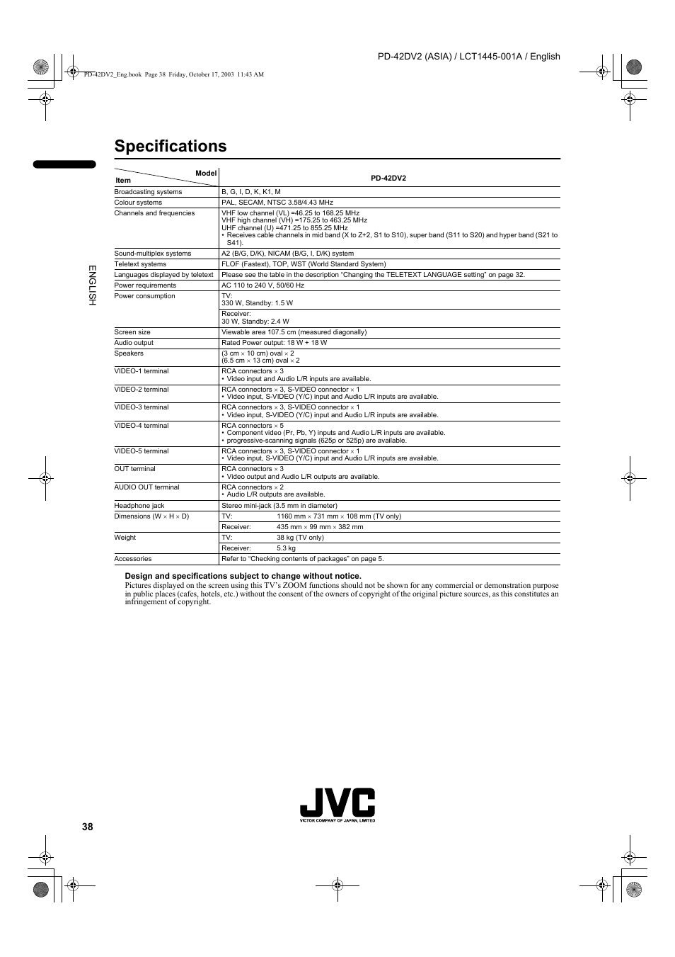 Specifications | JVC LCT1445-001A User Manual | Page 40 / 44