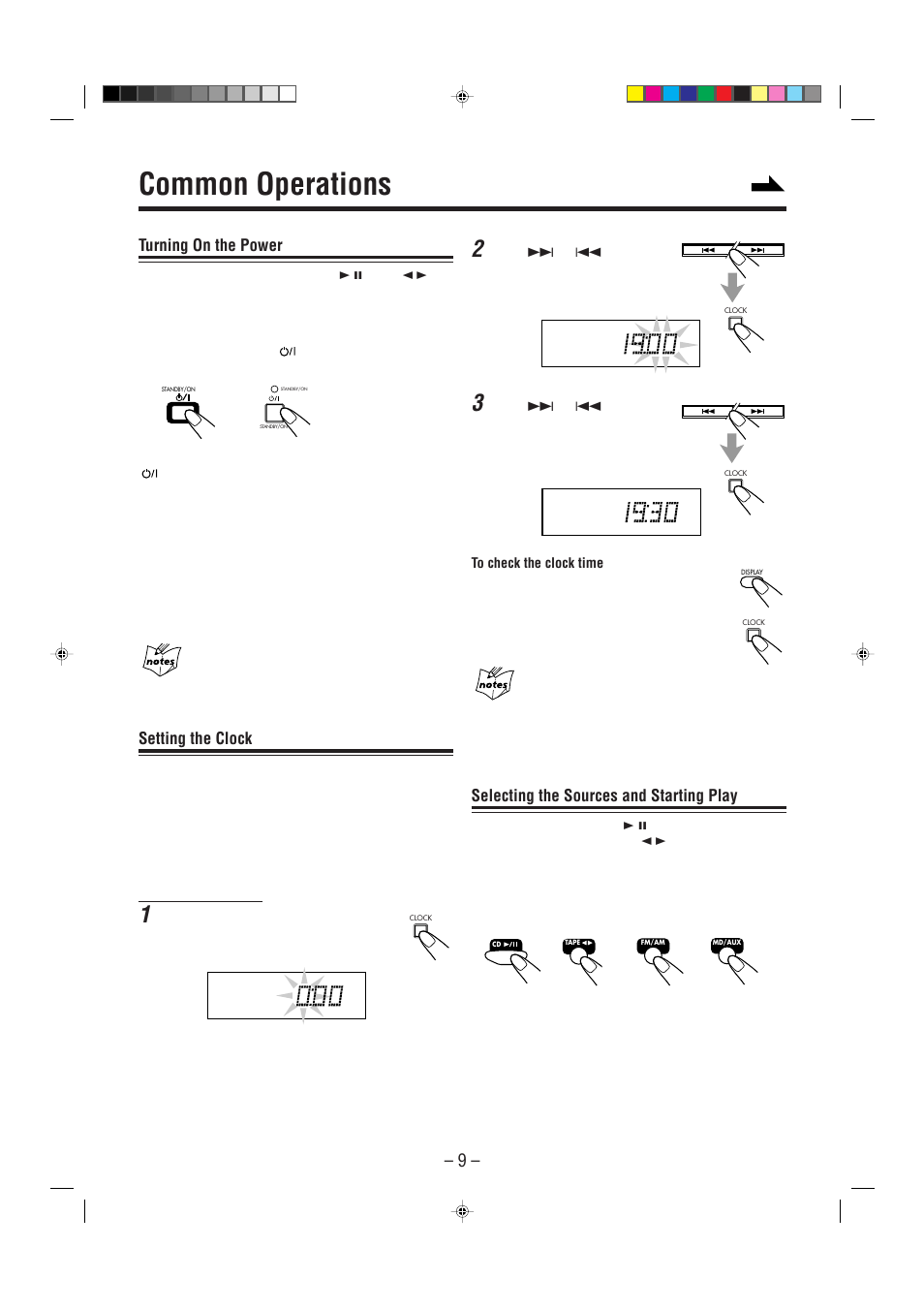 Common operations, Turning on the power, Setting the clock | Selecting the sources and starting play | JVC UX-P7 User Manual | Page 11 / 24