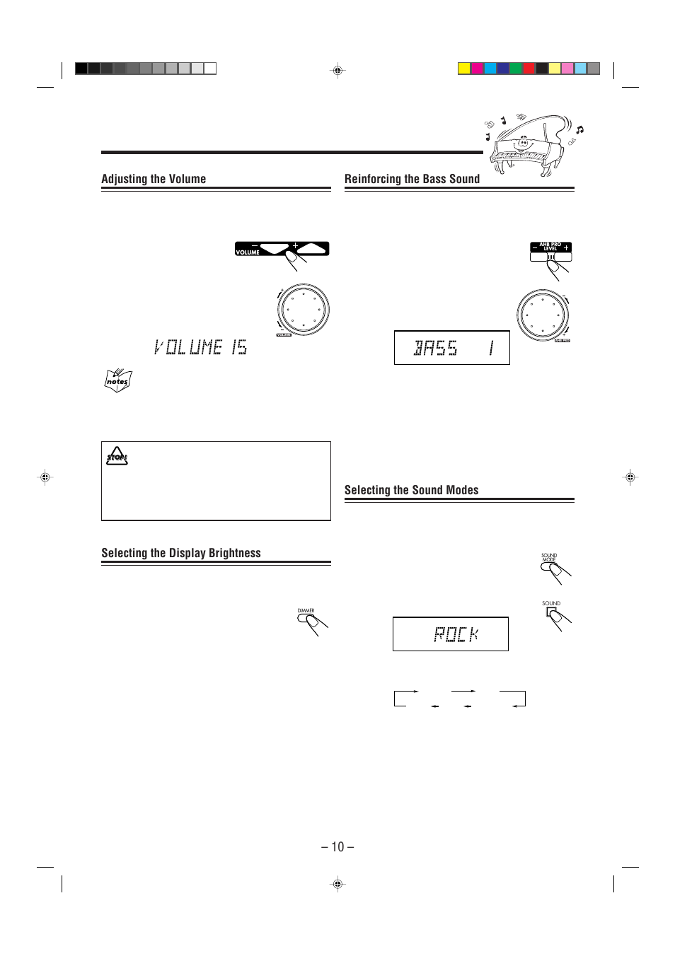 Reinforcing the bass sound, Selecting the sound modes, Adjusting the volume | Selecting the display brightness | JVC UX-P7 User Manual | Page 12 / 24