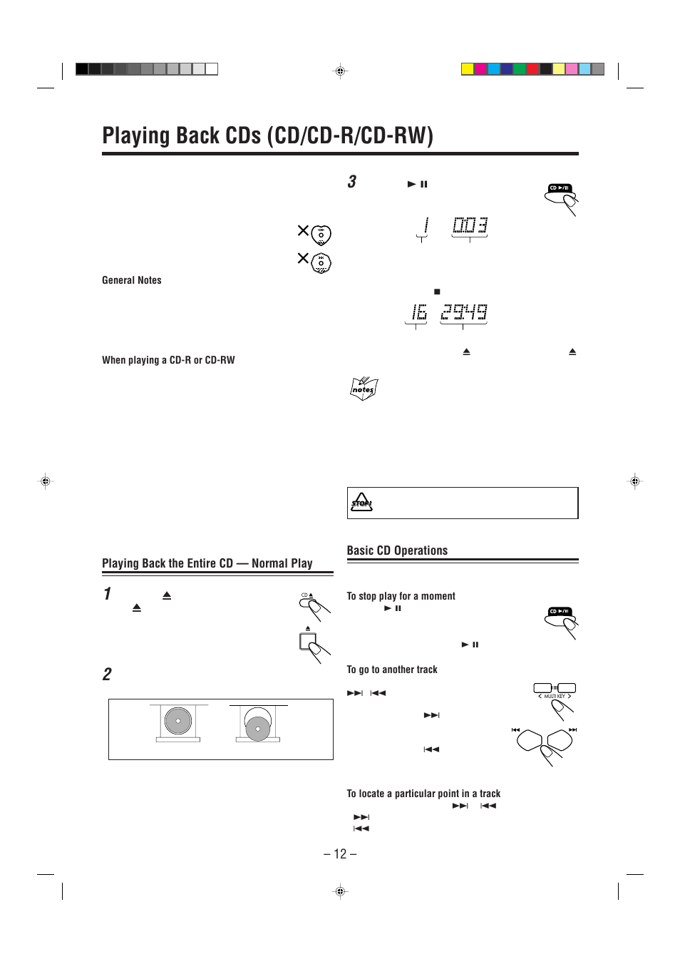 Playing back cds (cd/cd-r/cd-rw), Playing back the entire cd — normal play, Basic cd operations | JVC UX-P7 User Manual | Page 14 / 24