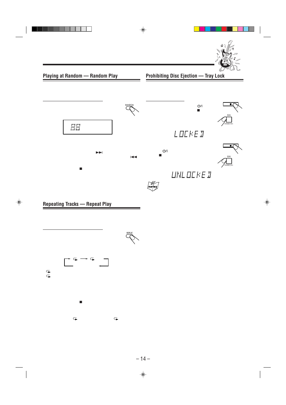 Prohibiting disc ejection — tray lock, Playing at random — random play, Repeating tracks — repeat play | JVC UX-P7 User Manual | Page 16 / 24