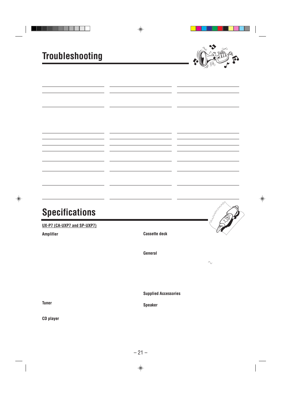 Troubleshooting, Specifications | JVC UX-P7 User Manual | Page 23 / 24