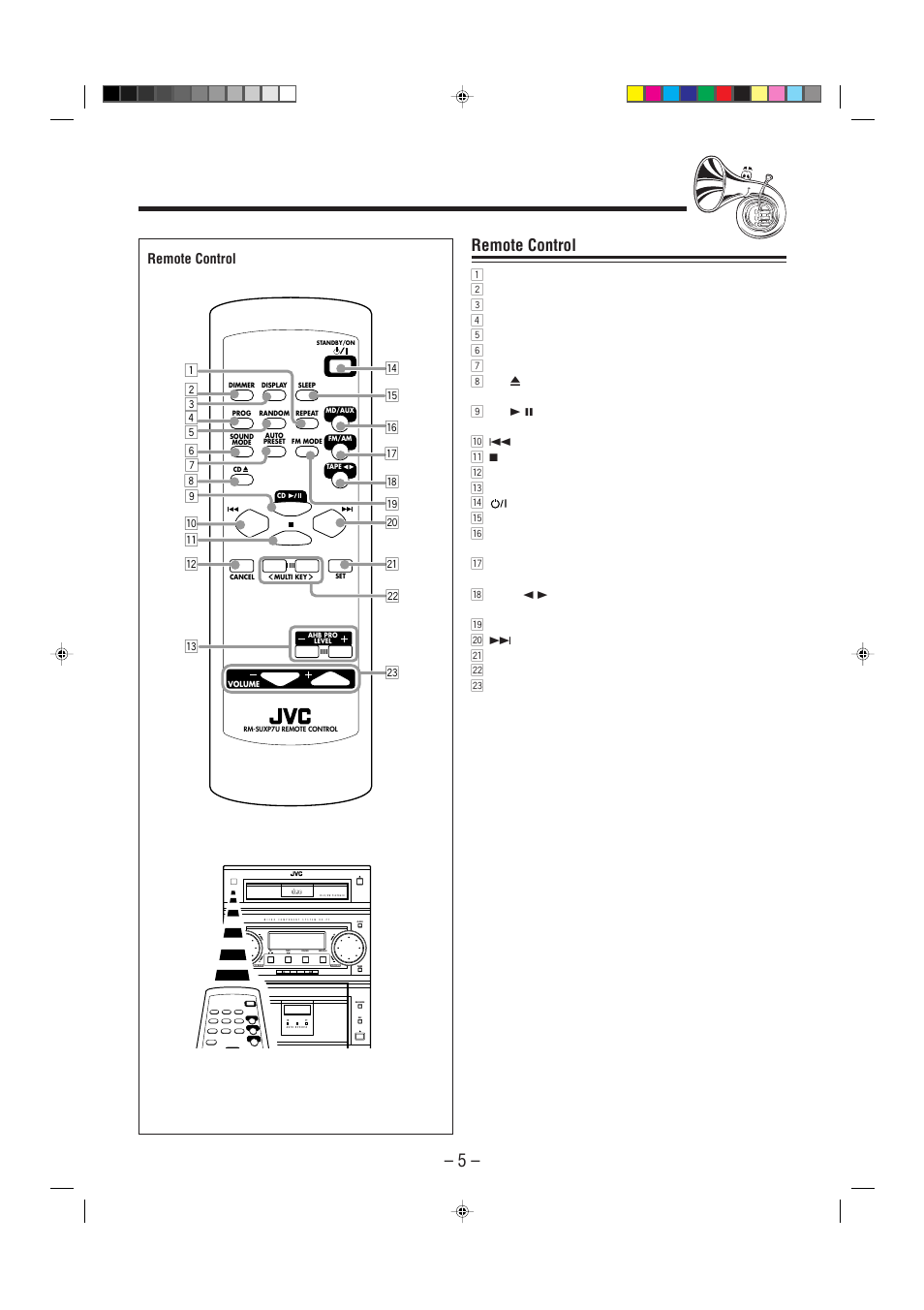 Remote control, Compact digital audio, Standby | Standby / on | JVC UX-P7 User Manual | Page 7 / 24