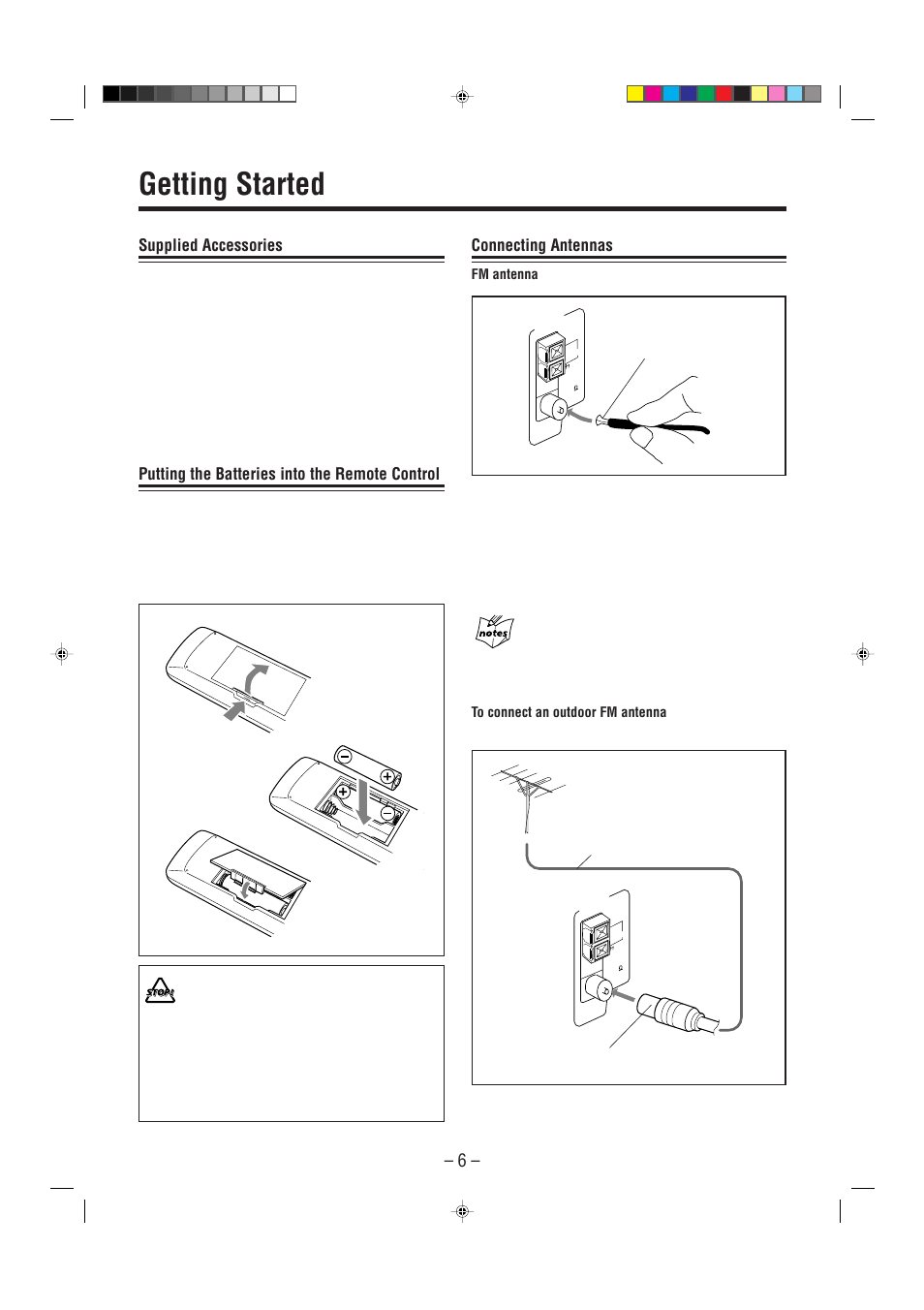 Getting started, Supplied accessories, Putting the batteries into the remote control | Connecting antennas | JVC UX-P7 User Manual | Page 8 / 24