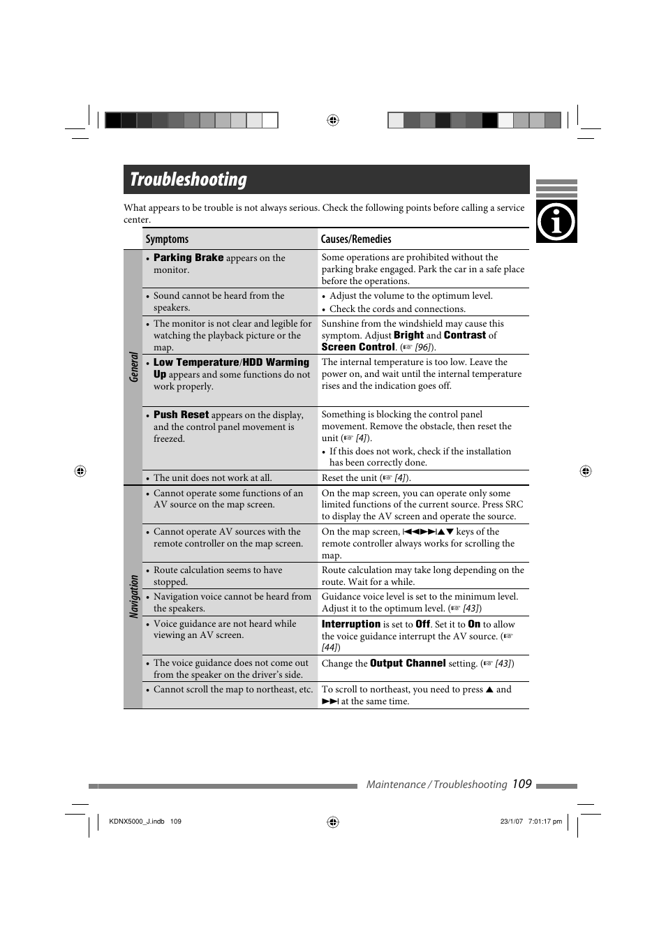 Troubleshooting | JVC KD-NX5000- User Manual | Page 109 / 357