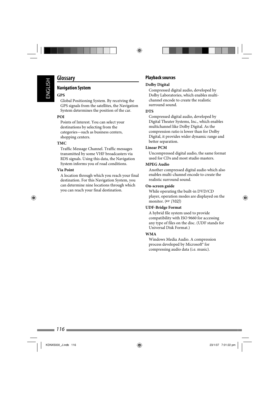 Glossary, English 116 | JVC KD-NX5000- User Manual | Page 116 / 357