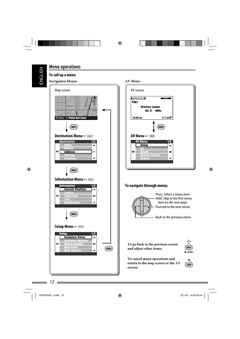 Menu operations, 12 english, Destination menu | Information menu, Setup menu | JVC KD-NX5000- User Manual | Page 12 / 357