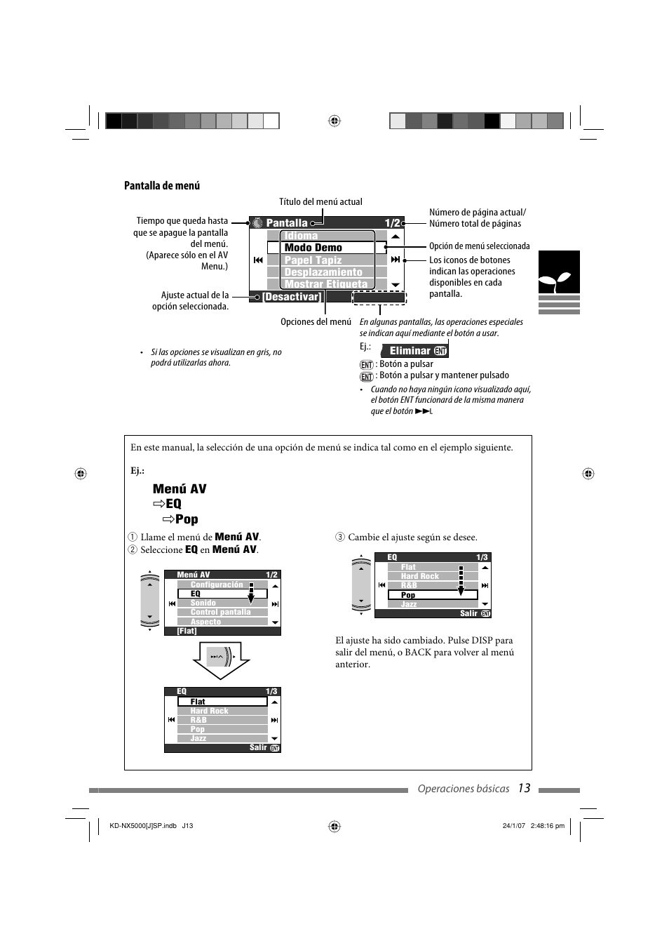 Pantalla de menú, Menú av ] eq ] pop | JVC KD-NX5000- User Manual | Page 131 / 357