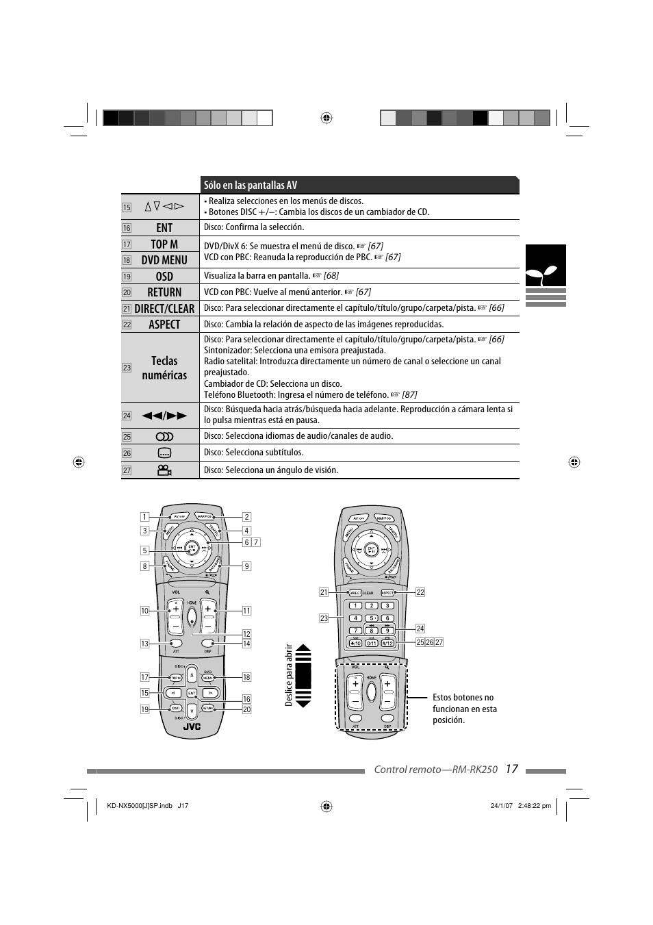 Top m, Dvd menu, Return | Direct/clear, Aspect, Teclas numéricas | JVC KD-NX5000- User Manual | Page 135 / 357
