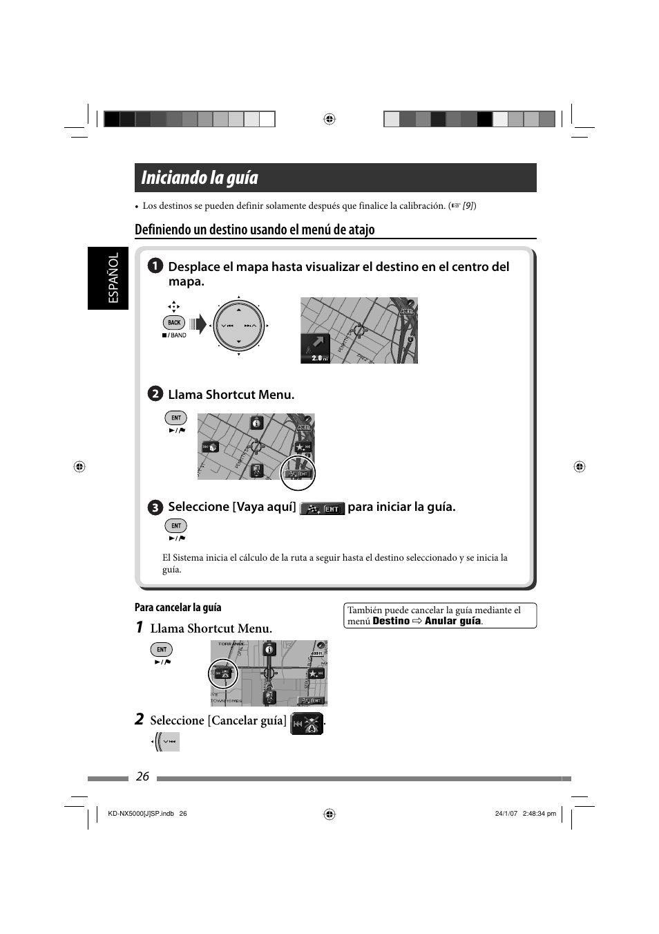 Iniciando la guía, Definiendo un destino usando el menú de atajo | JVC KD-NX5000- User Manual | Page 144 / 357