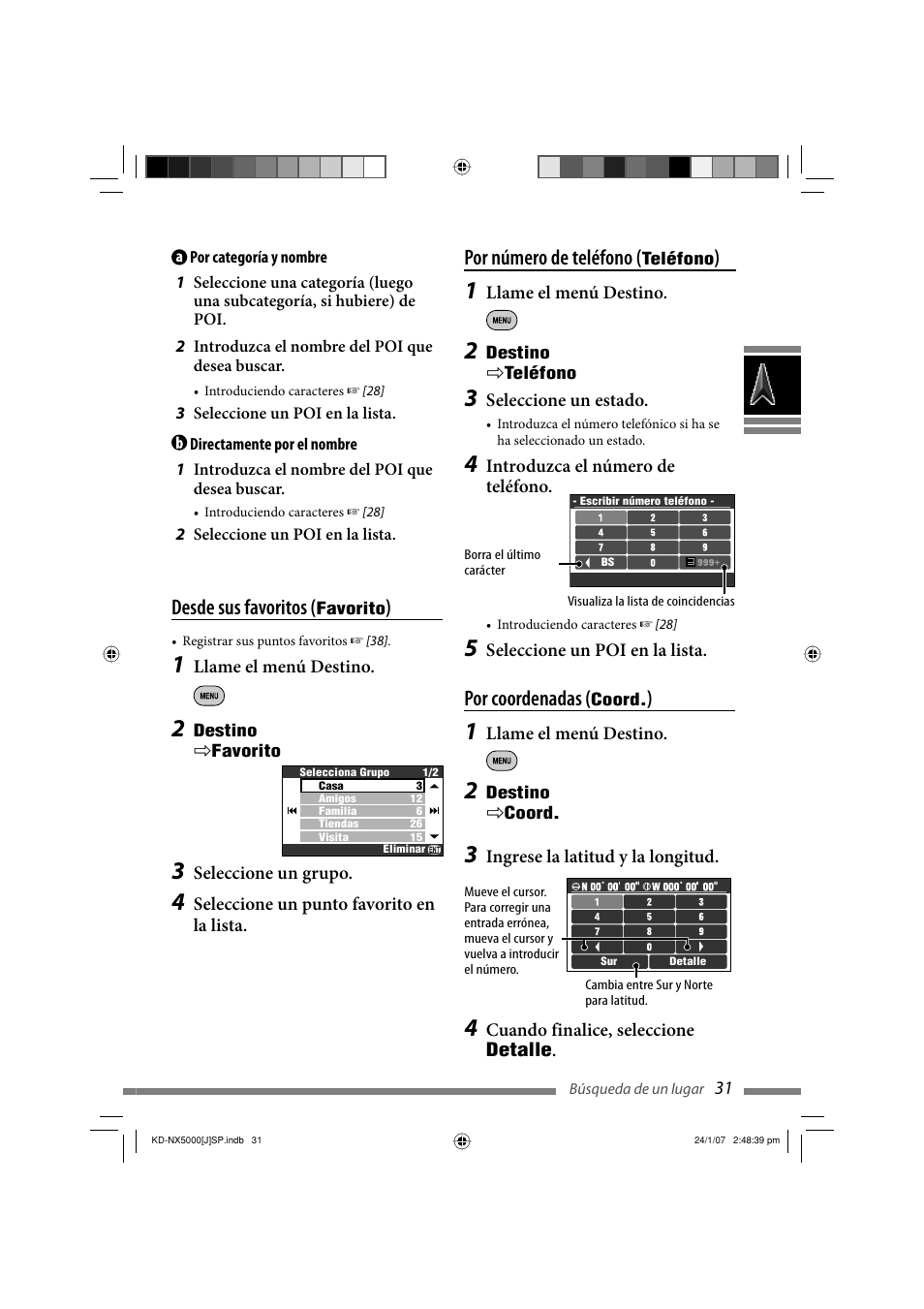 Desde sus favoritos, Por coordenadas, Por número de teléfono | JVC KD-NX5000- User Manual | Page 149 / 357