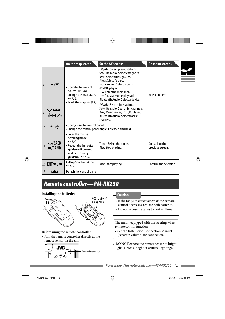 Remote controller rm-rk250, Remote controller—rm-rk250, Back 7 /band | JVC KD-NX5000- User Manual | Page 15 / 357