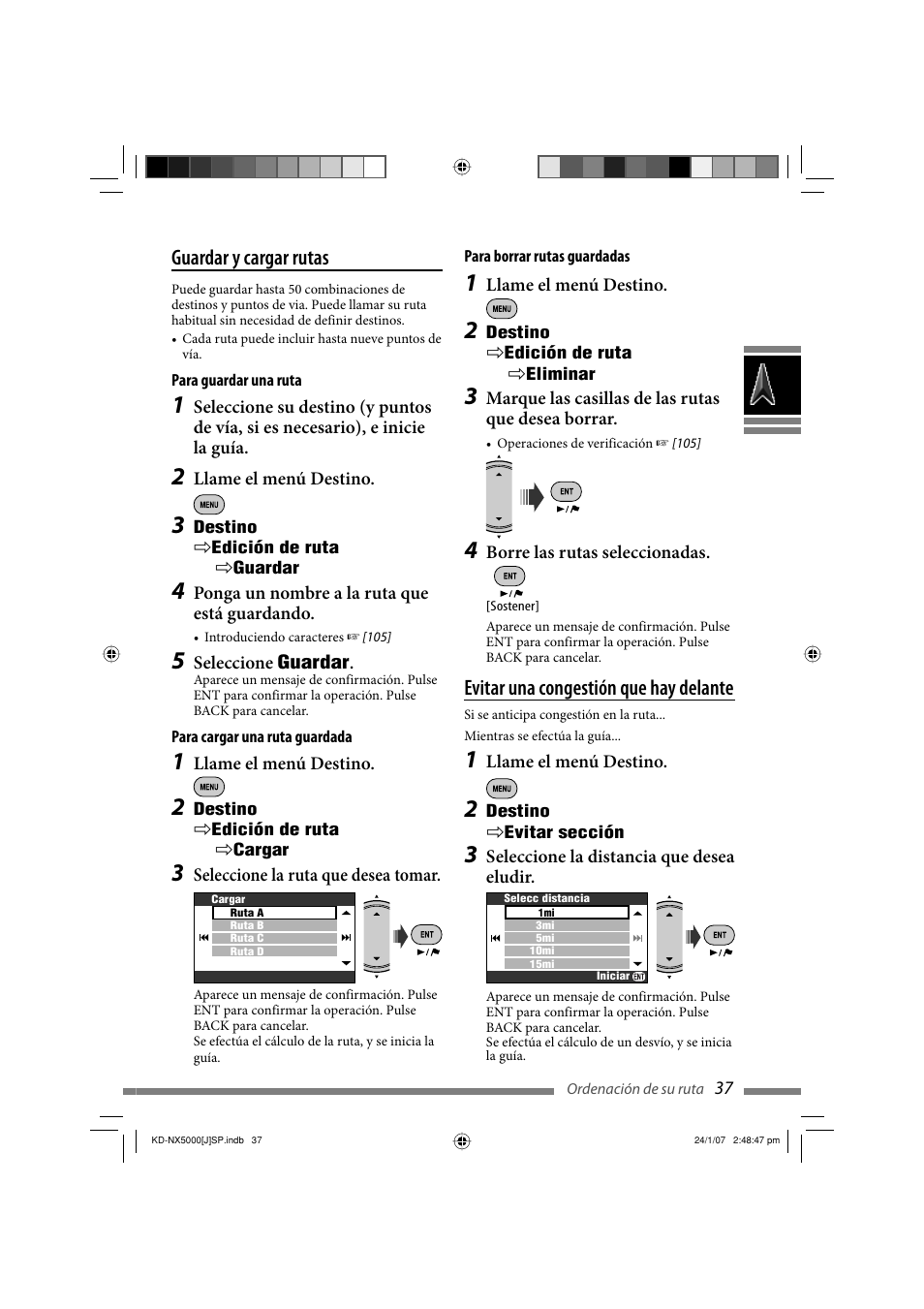 Guardar y cargar rutas, Evitar una congestión que hay delante | JVC KD-NX5000- User Manual | Page 155 / 357